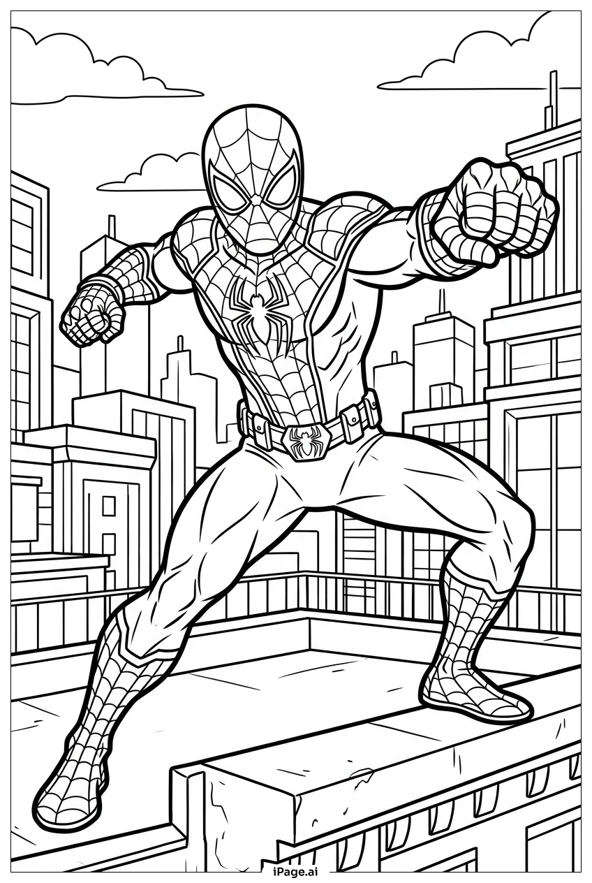 Página para colorir de Homem-Aranha dá um soco para a frente no topo do telhado da cidade