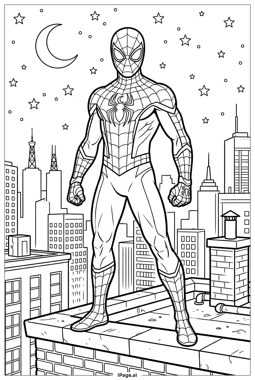 Página para colorir de Homem-Aranha observa as estrelas sobre a cidade adormecida