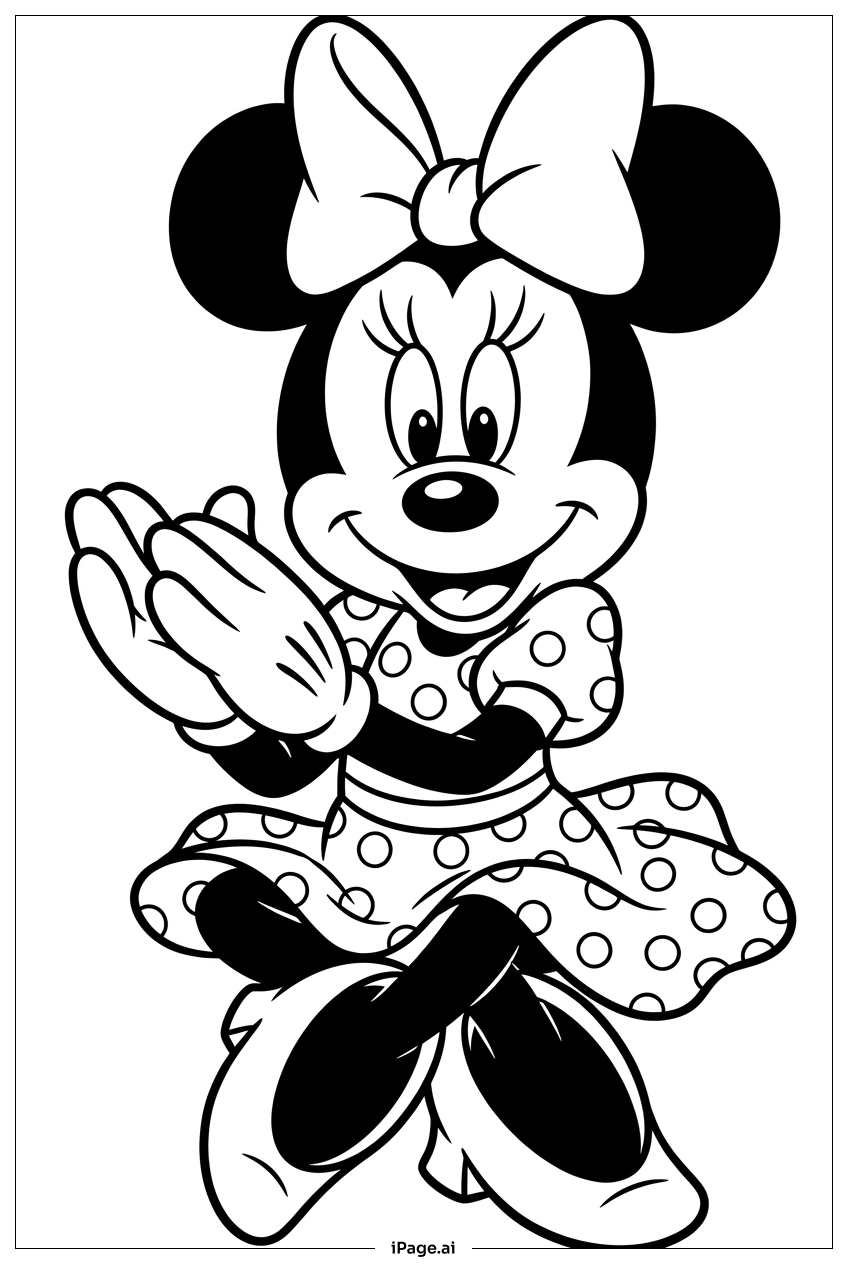 Minnie Maus klatscht fröhlich im Tupfenkleid Ausmalseite