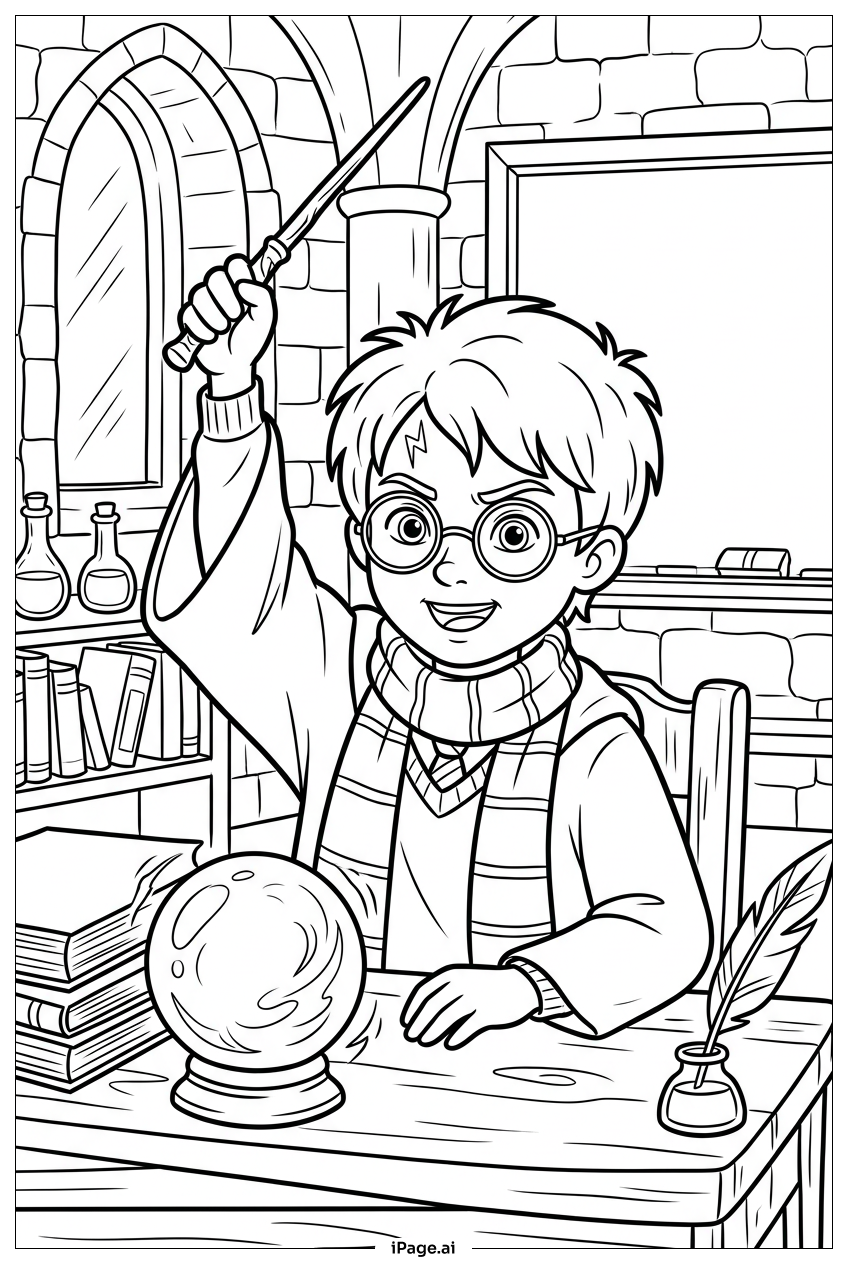Página para colorir de Harry Potter Praticando Adivinhação Com Bola De Cristal