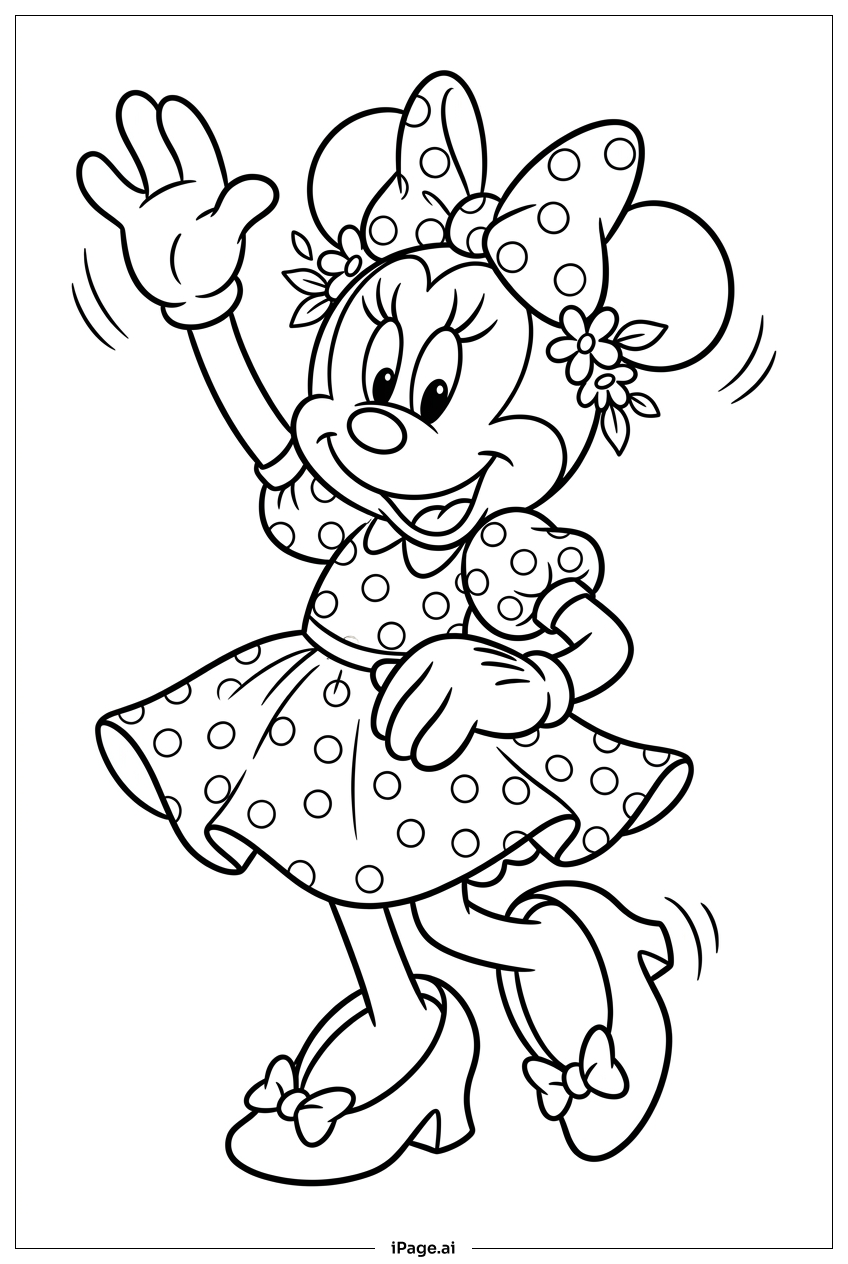 Minnie Maus winkt fröhlich mit Blumenkranz Ausmalseite