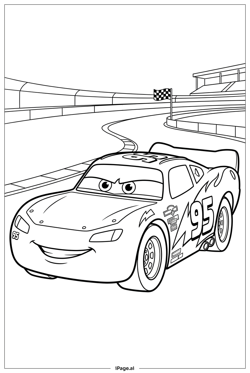 Lightning Mcqueen races toward the checkered flag Coloring Page