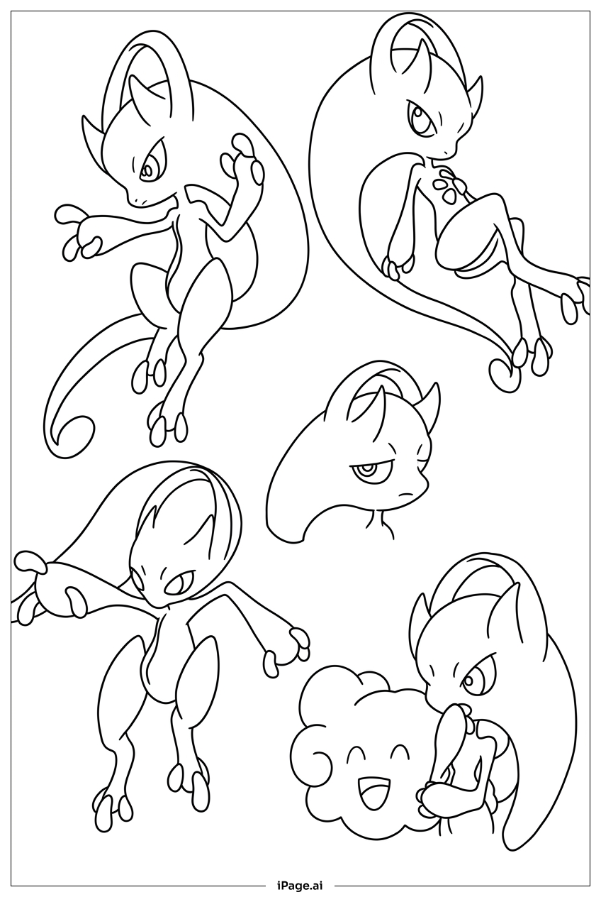 Mewtwo en escenas juguetonas y nube traviesa