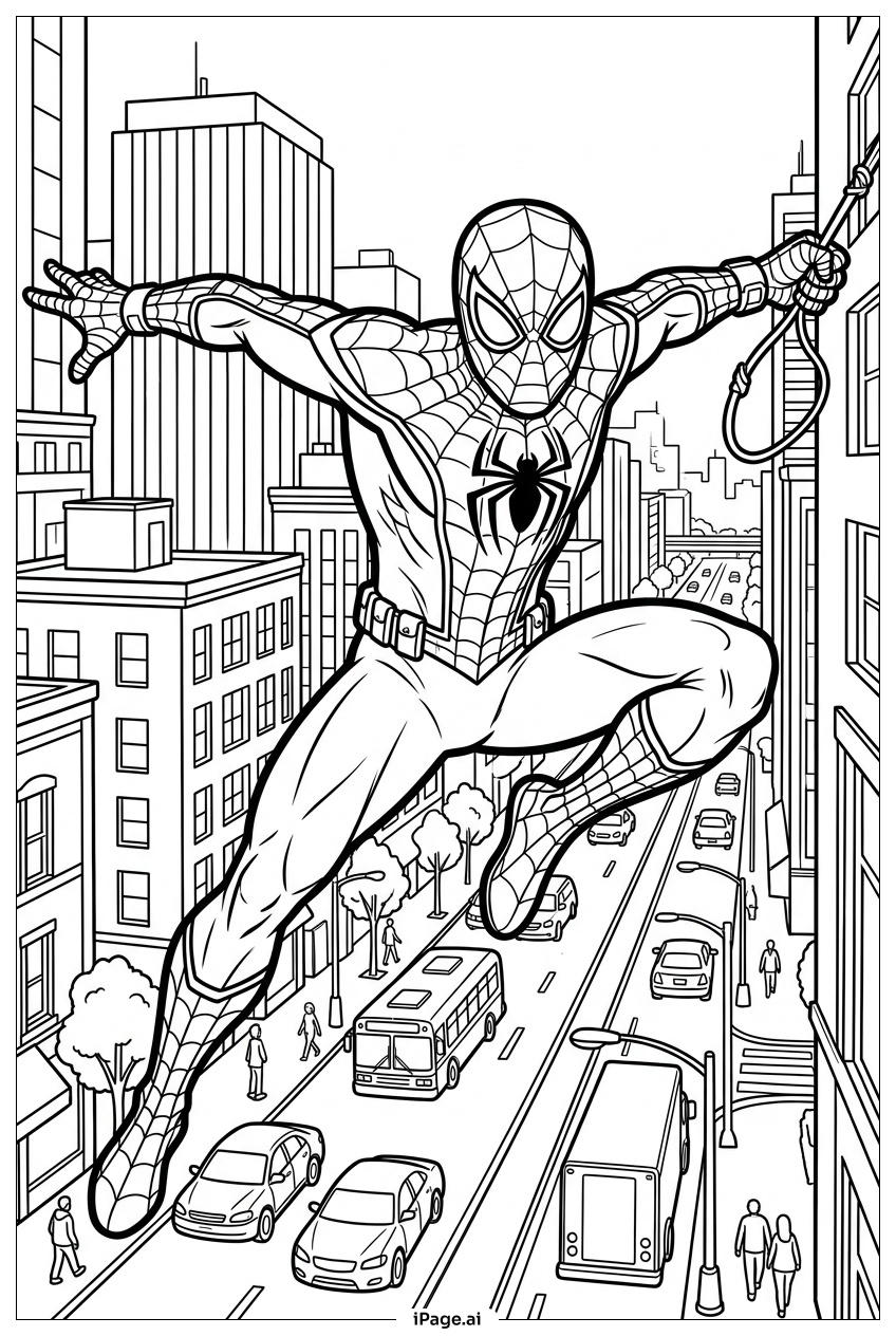 Homem-Aranha balança acima do tráfego durante patrulha