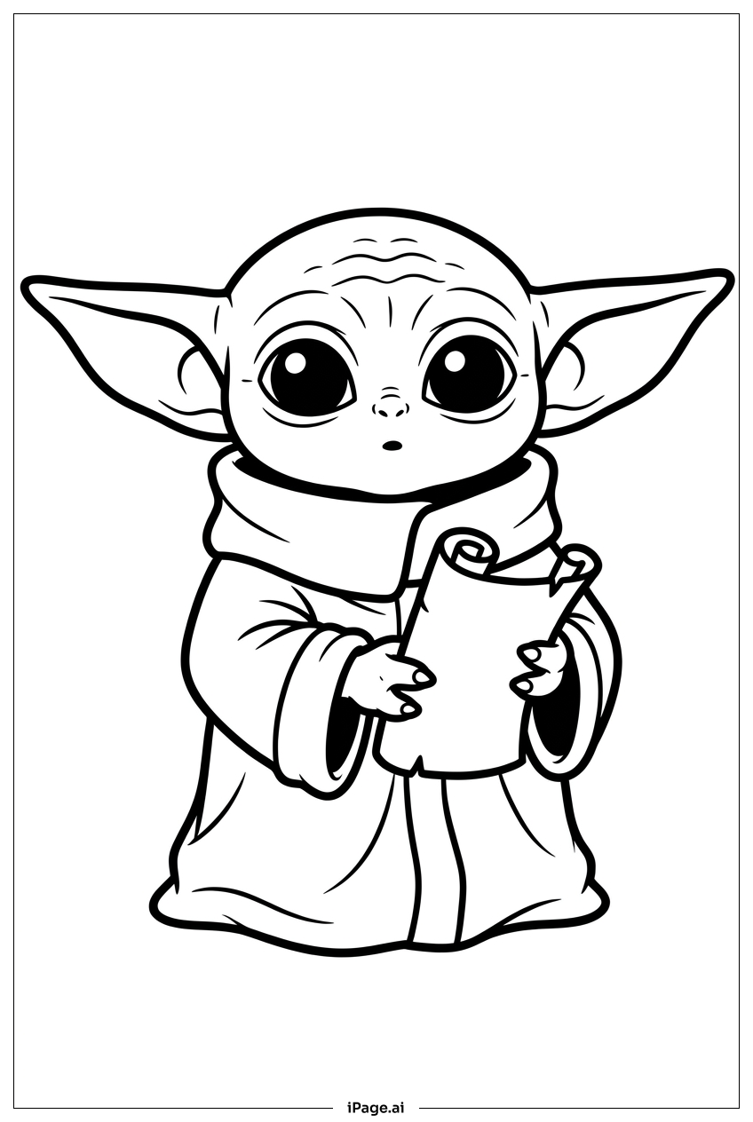 Baby Yoda 閱讀古老智慧卷軸著色頁