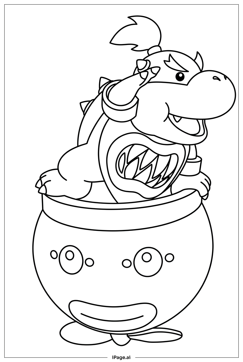 Page de coloriage Bowser Jr regarde par-dessus sa voiture volante joyeuse