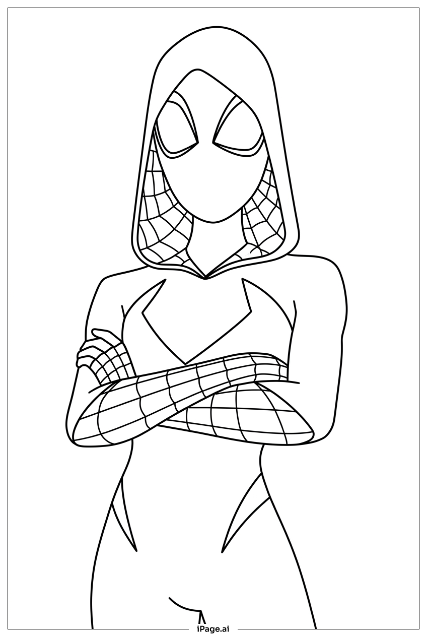 Spider Gwen stands confident with crossed arms Coloring Page