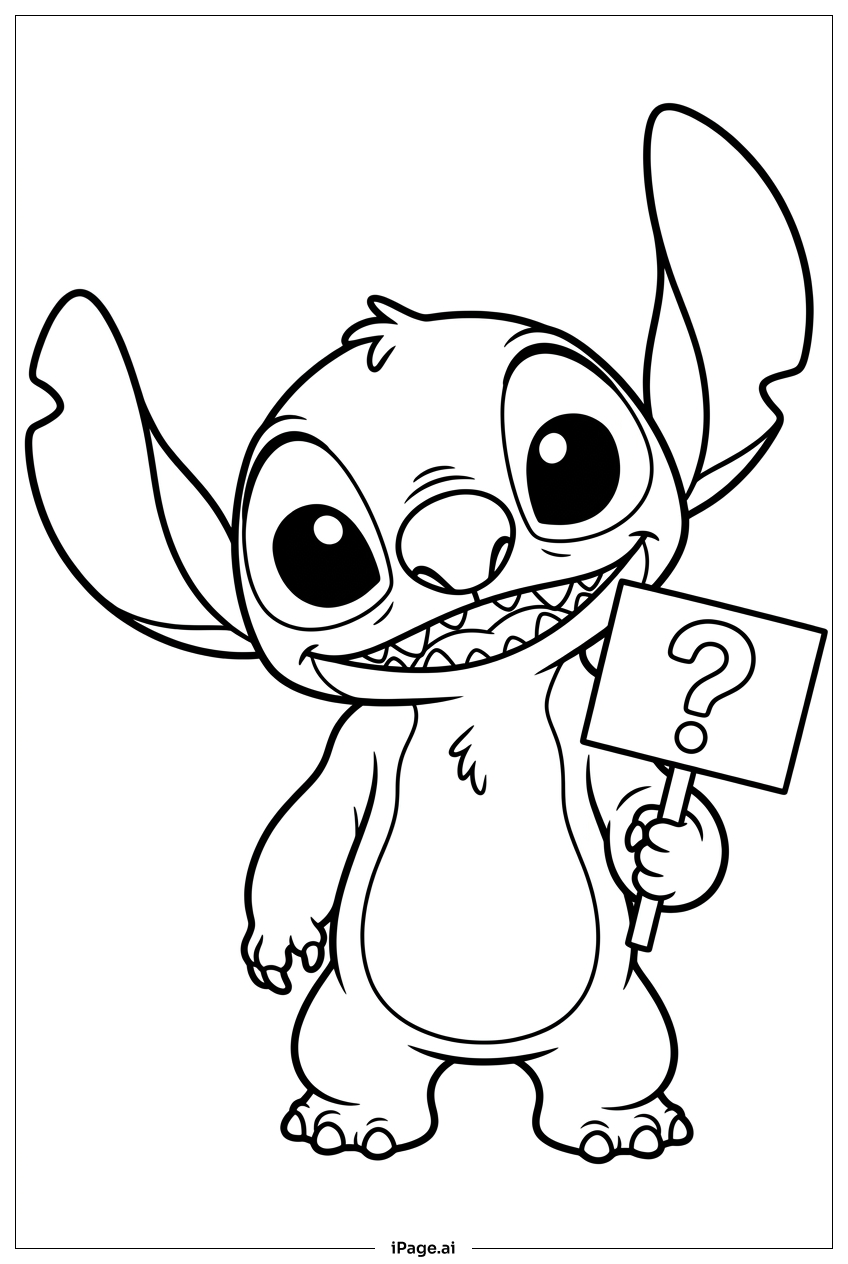 好奇なサインを持って質問するスティッチの塗り絵ページ