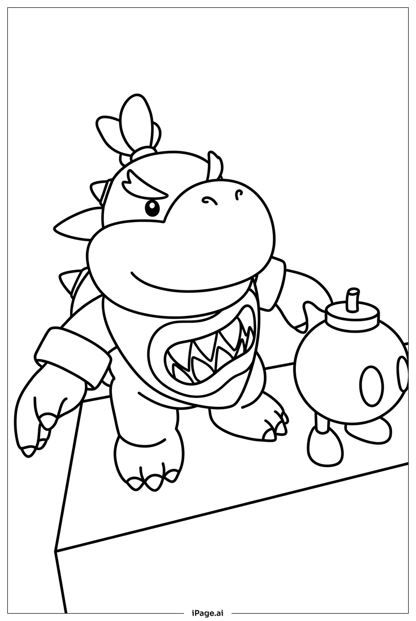 Page de coloriage Bowser Jr prévoit des bêtises avec un Bob-omb qui tic-tac
