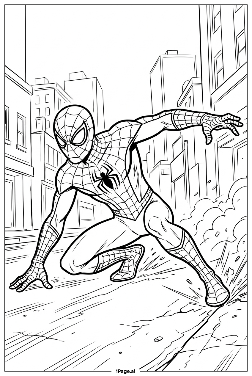 Página para colorir de Homem-Aranha desliza para parar e desviar dos destroços