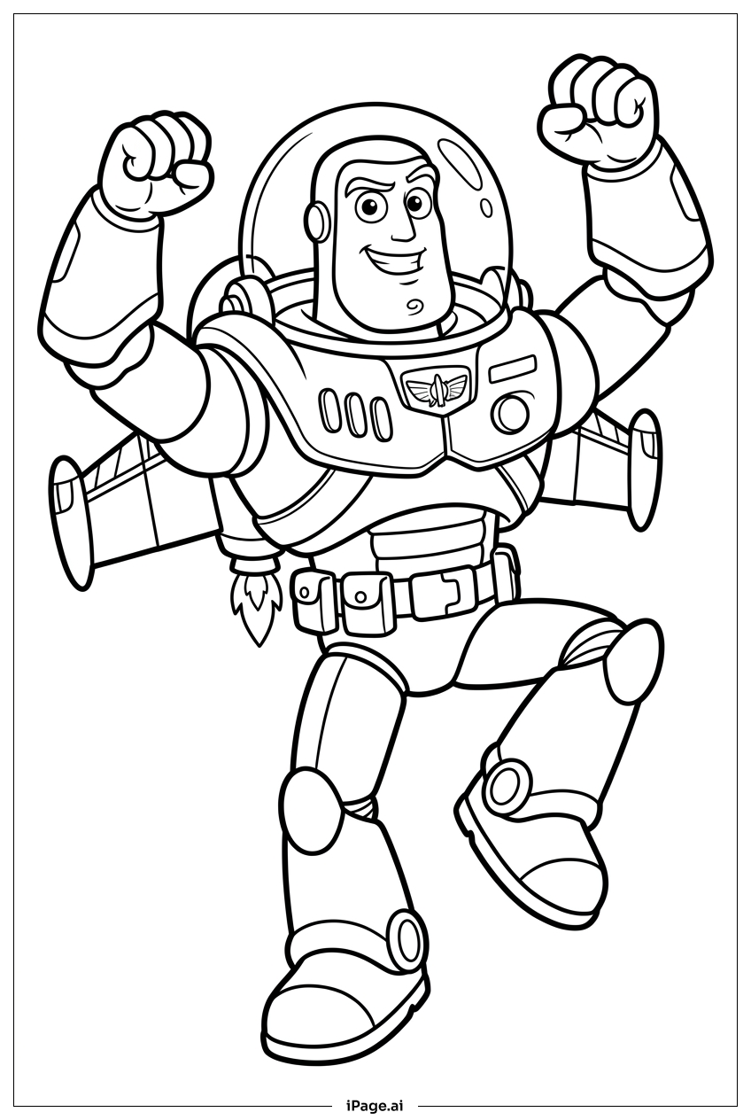 Buzz Lightyear, der mit seinen Düsenantrieben zum Sprung ansetzt Ausmalseite