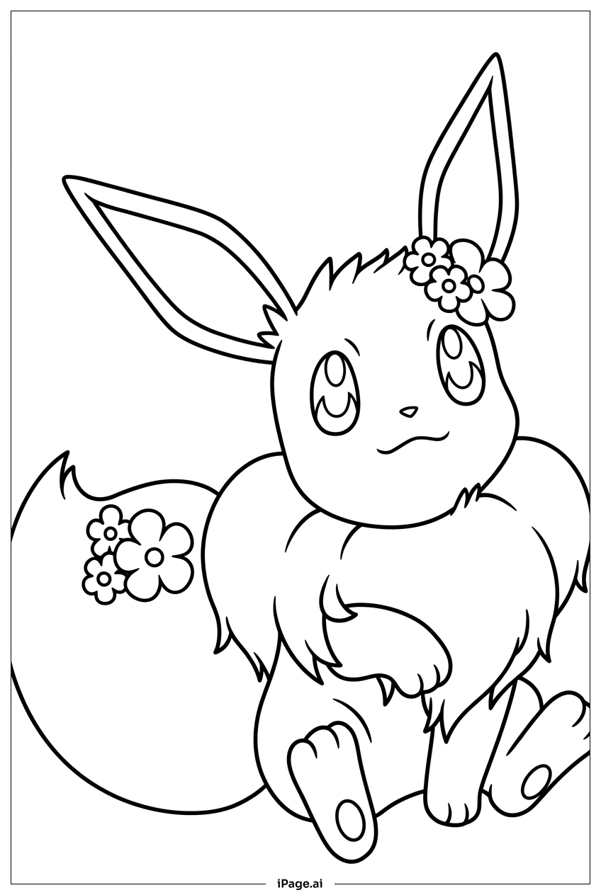 かわいい花アクセサリーをつけたイーブイの座り姿の塗り絵ページ