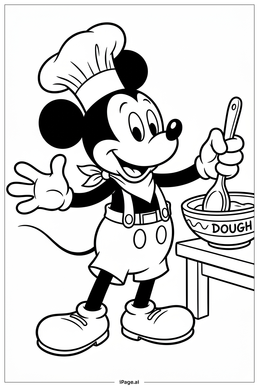 Micky Maus Chefkoch beim Teigmischen Ausmalseite