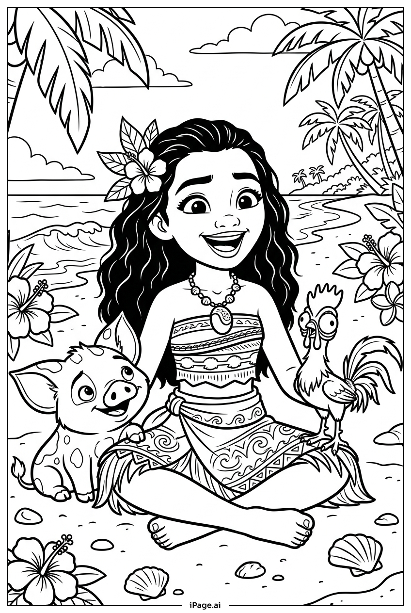 Page de coloriage Moana se détendant en tailleur avec Pua et Heihei