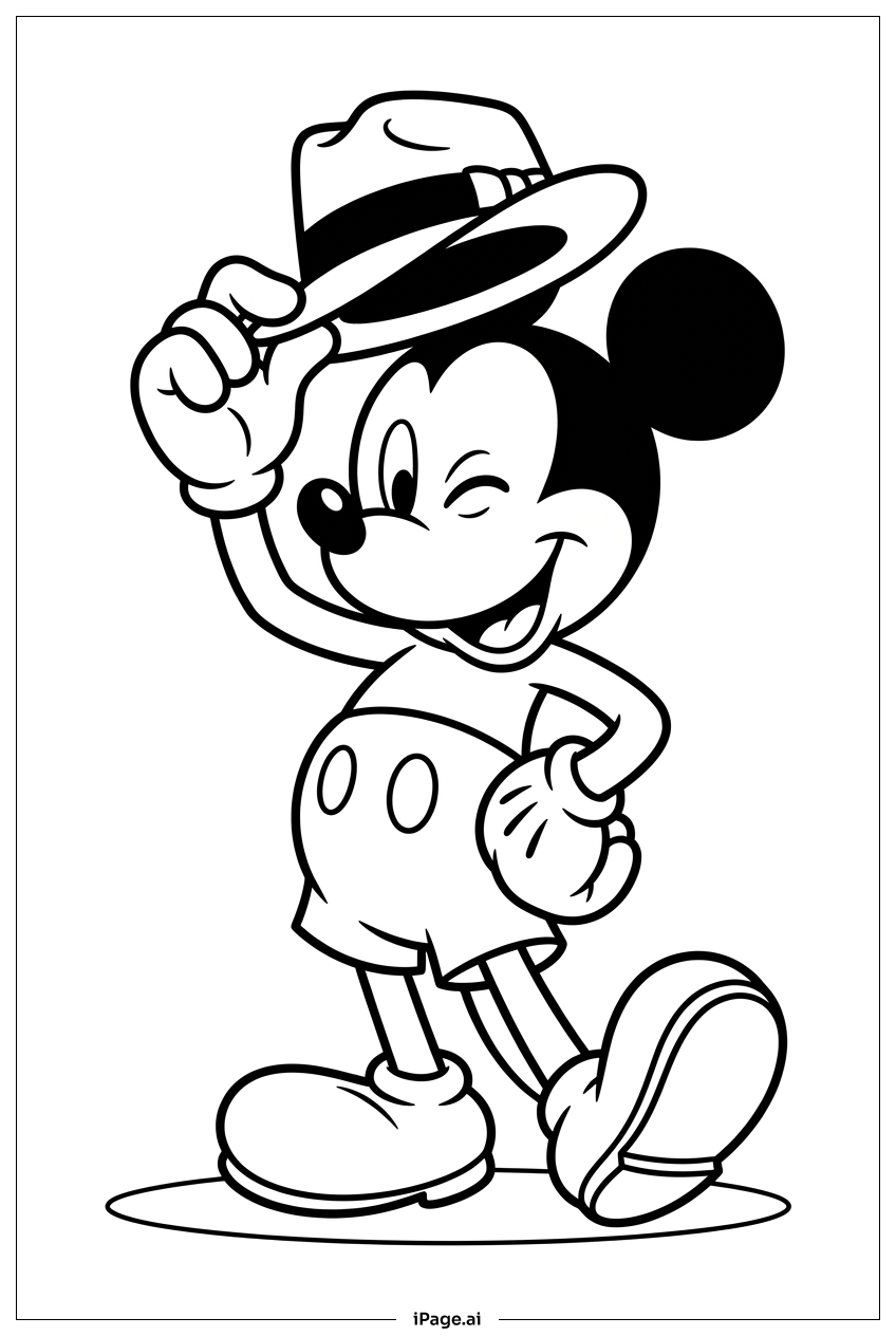 Micky Maus hebt den Hut mit einem schelmischen Zwinkern Ausmalseite