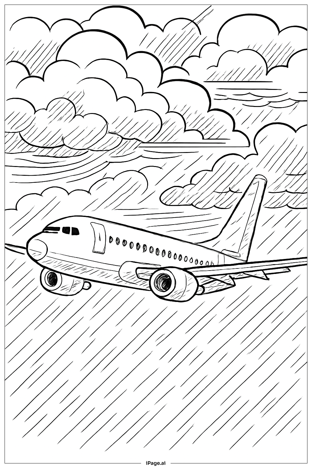  폭풍우 치는 하늘의 비행기 색칠공부 페이지 