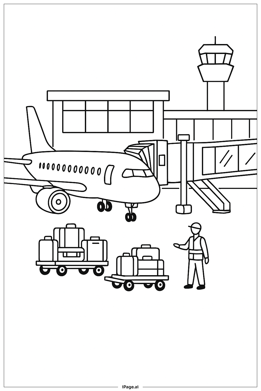  공항 터미널 근처 비행기 색칠공부 페이지 