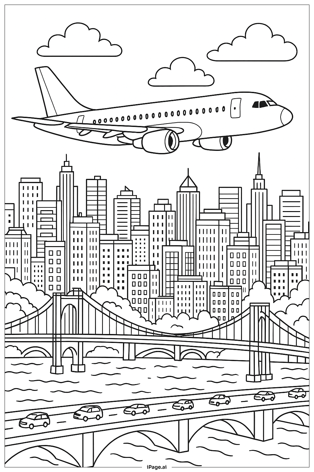  분주한 도시 위의 비행기 색칠공부 페이지 