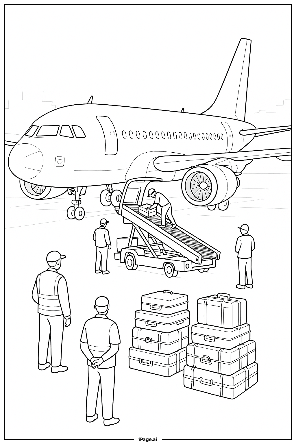  수하물 적재 중인 비행기 색칠공부 페이지 