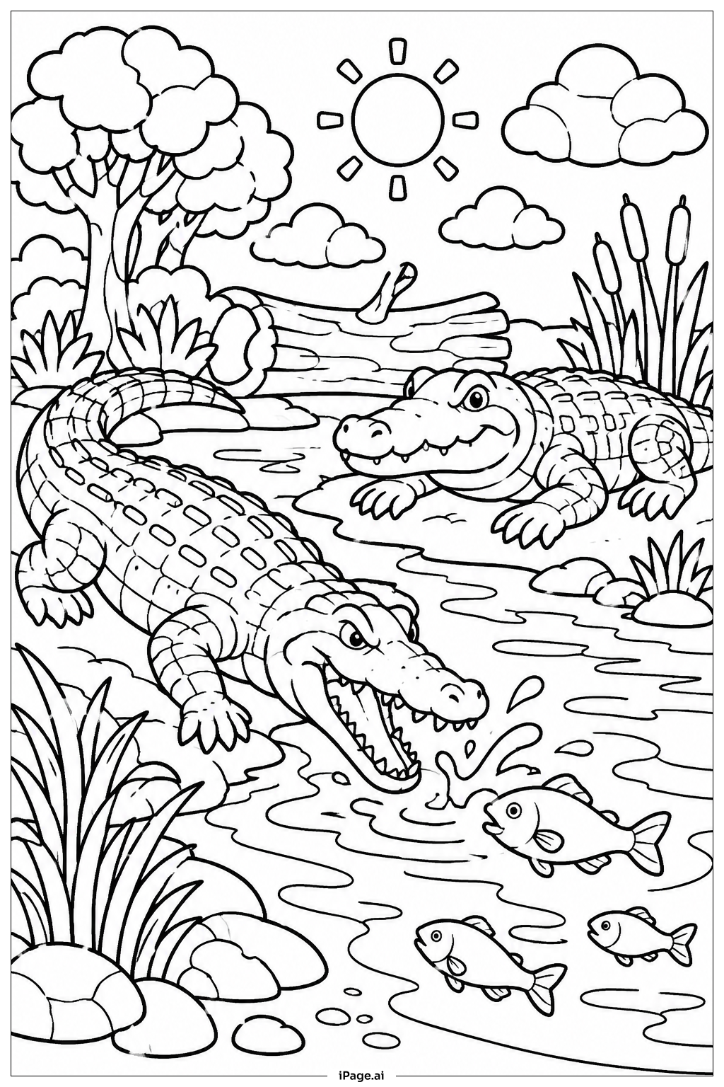 Alligator Jagd auf Fische Szene Ausmalseite