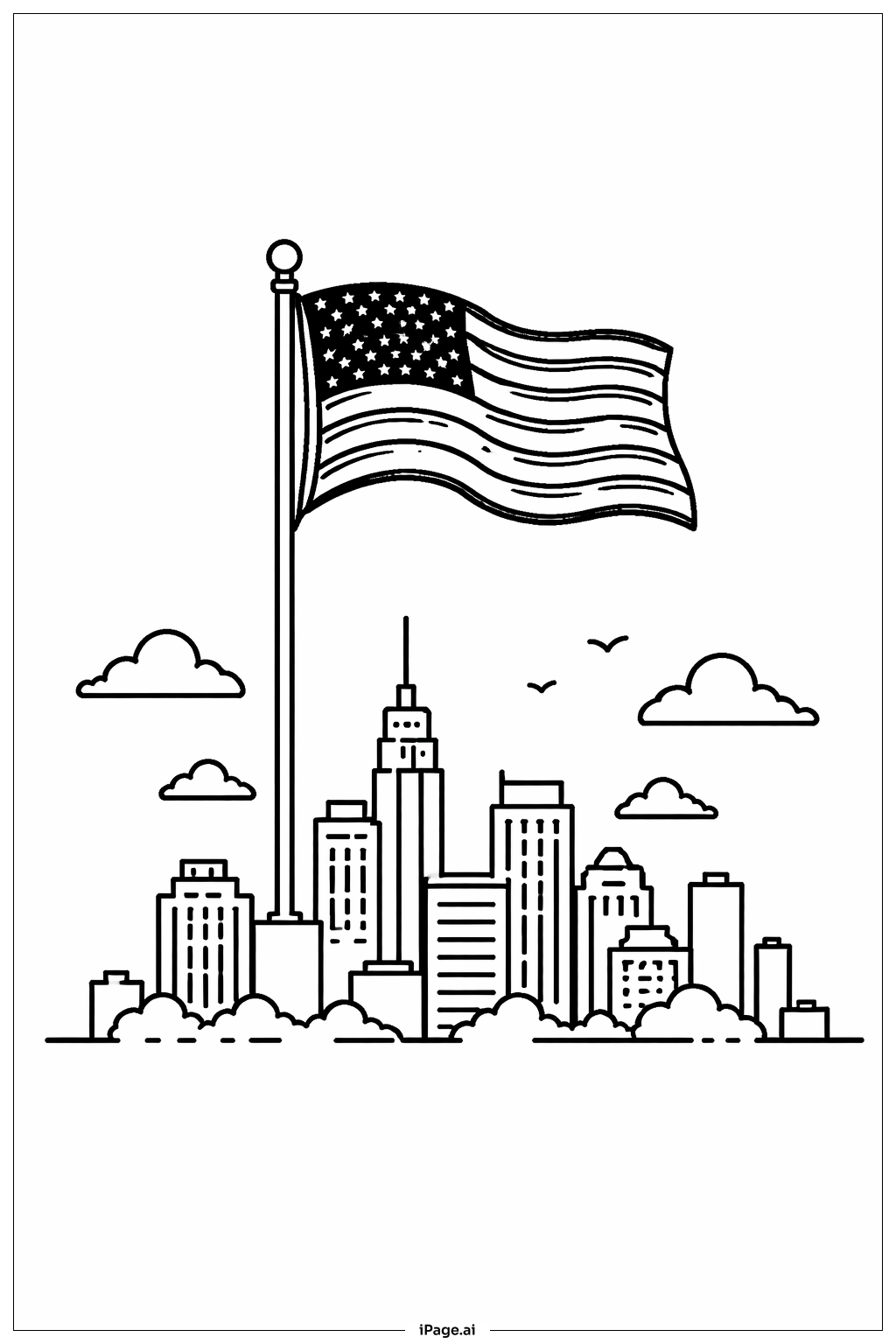  American Flag Above City Skyline Coloring Page 
