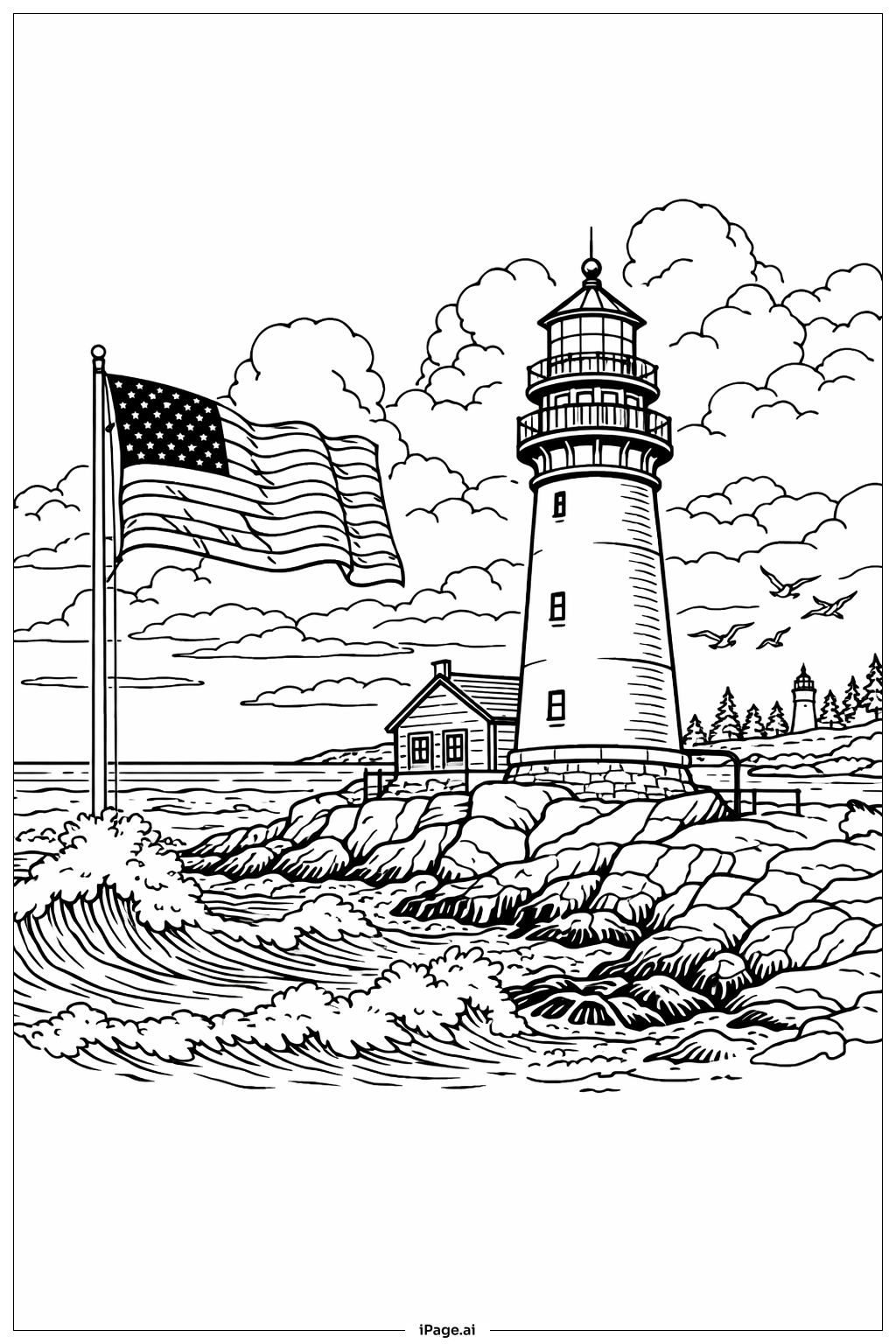  Página para colorir de Bandeira Americana no Farol 