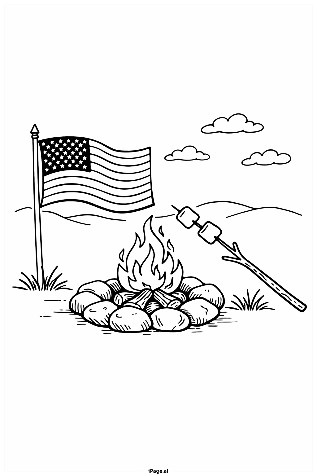  American Flag Campfire Scene Coloring Page 