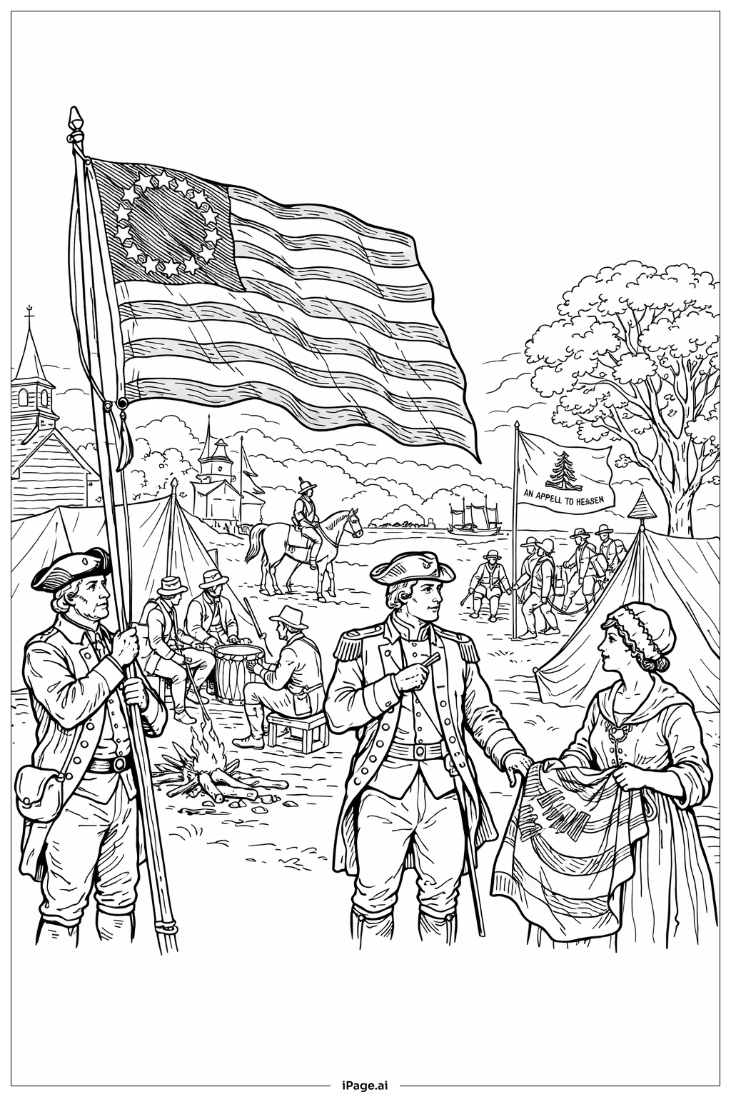  Página para colorir de Acampamento Colonial com Bandeira Americana 