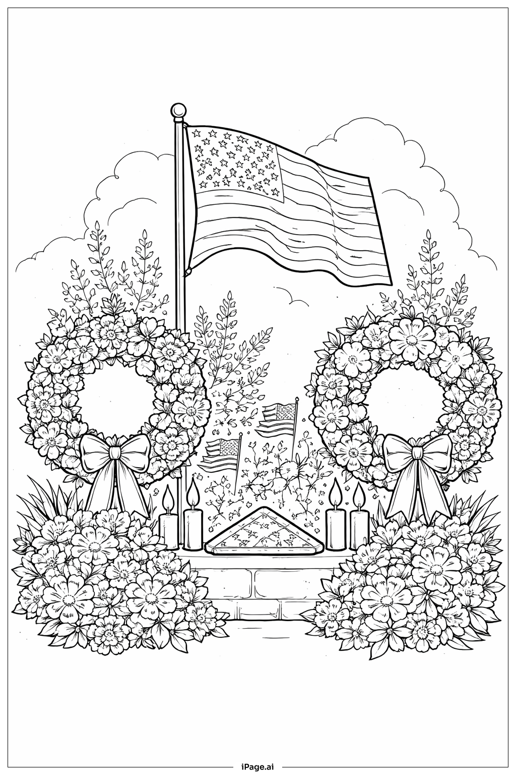  Página para colorir de Memorial da Bandeira Americana com Guirlandas 