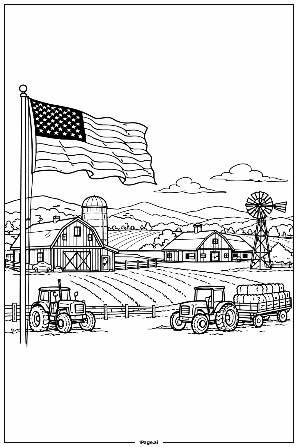  农田上的美国国旗填色页 