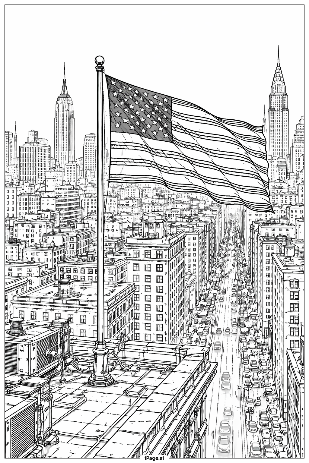  Página para colorir de Bandeira Americana Sobre o Telhado de uma Paisagem Urbana 