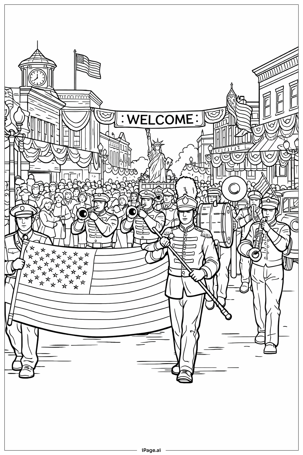  Página para colorir de Desfile da Bandeira Americana com Banda 