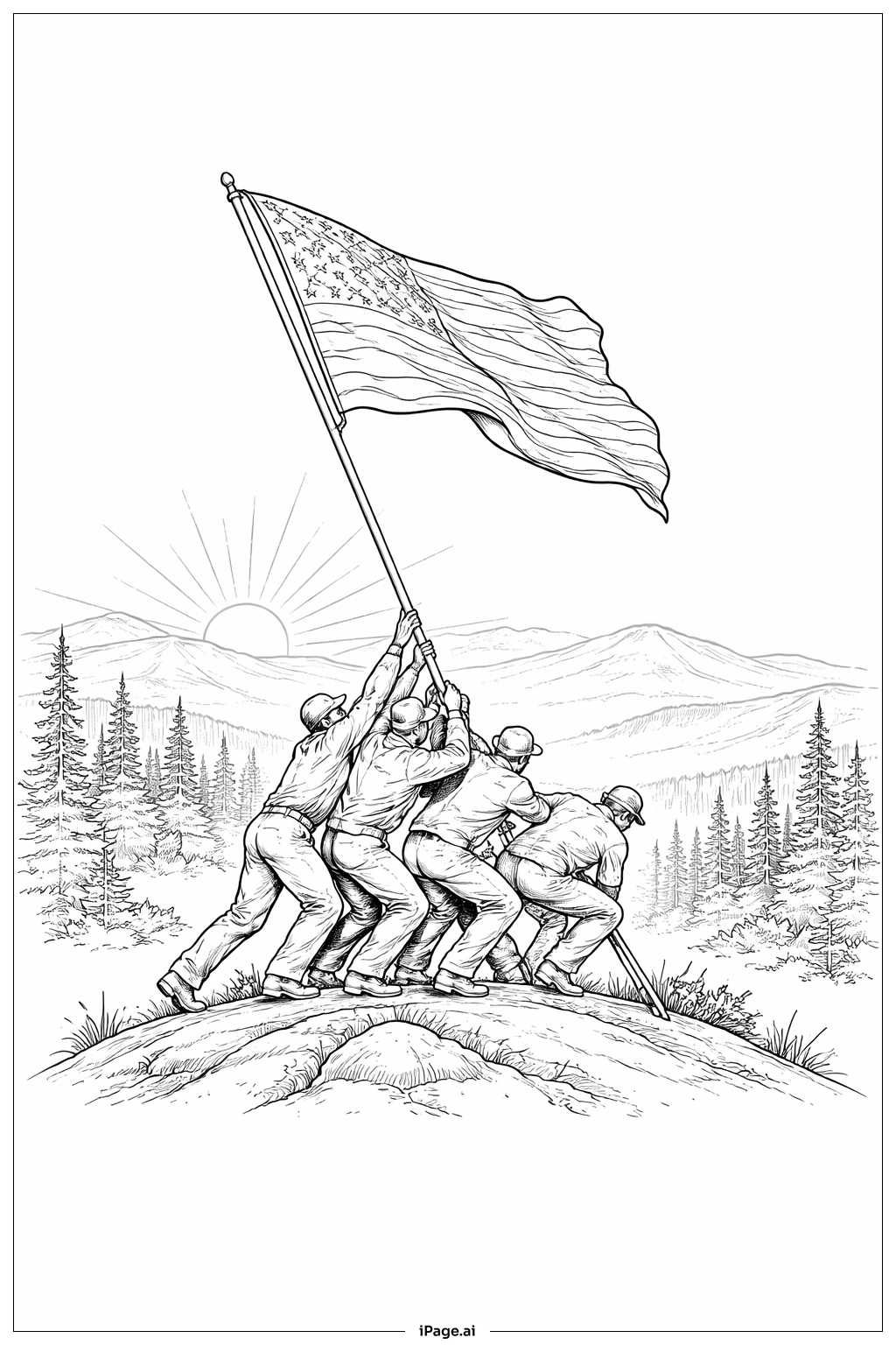Page de coloriage Hissage du drapeau américain à l'aube