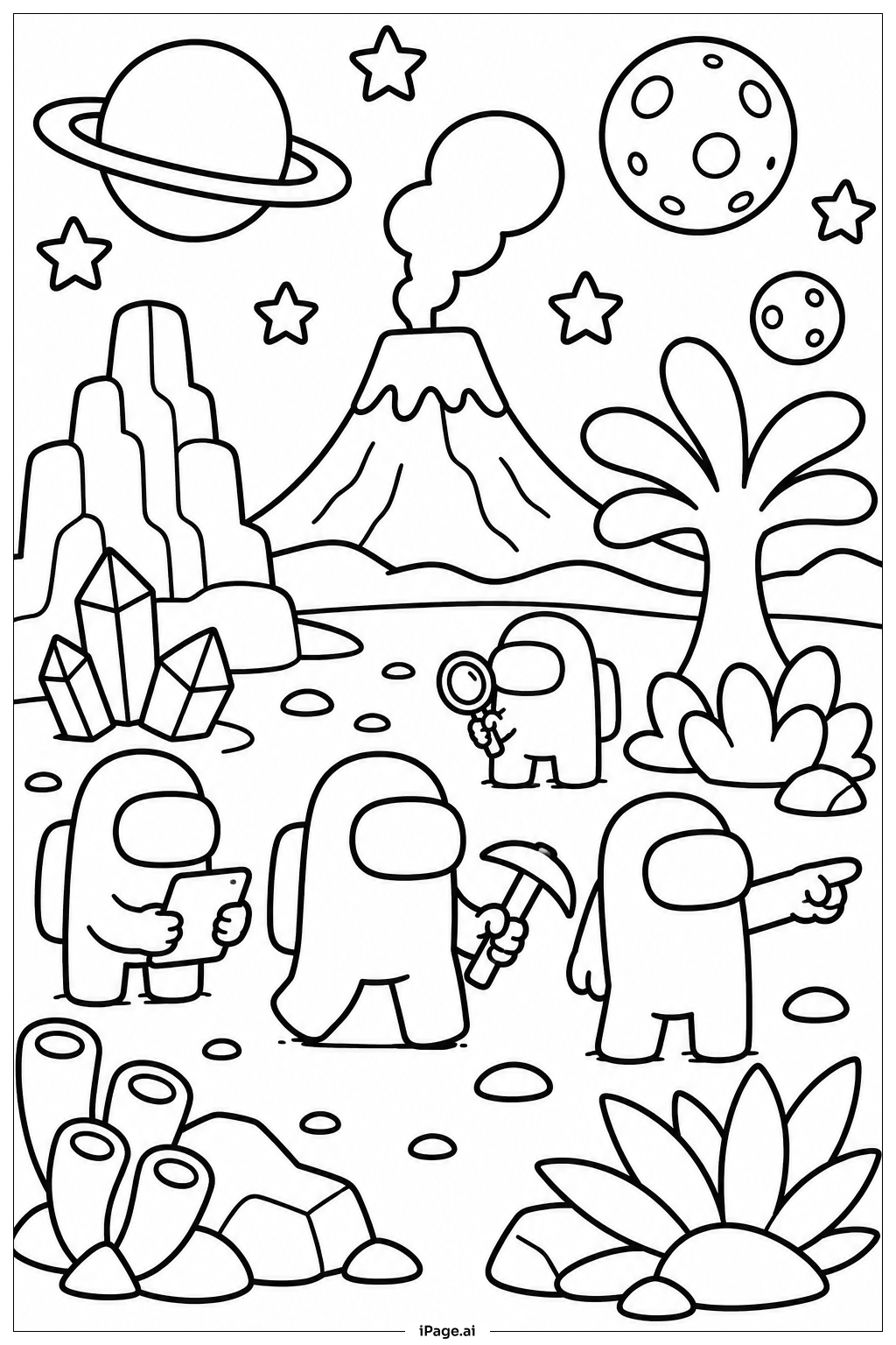 Page de coloriage Équipage d'Among Us explorant une planète extraterrestre