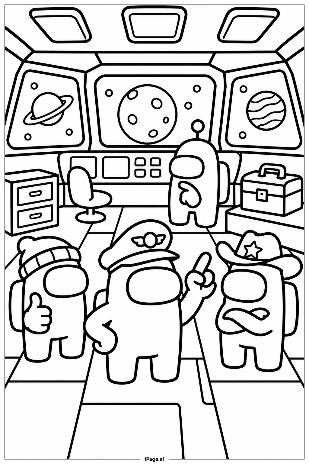  Página para colorear de Tripulación de Among Us en la cubierta de la estación espacial 