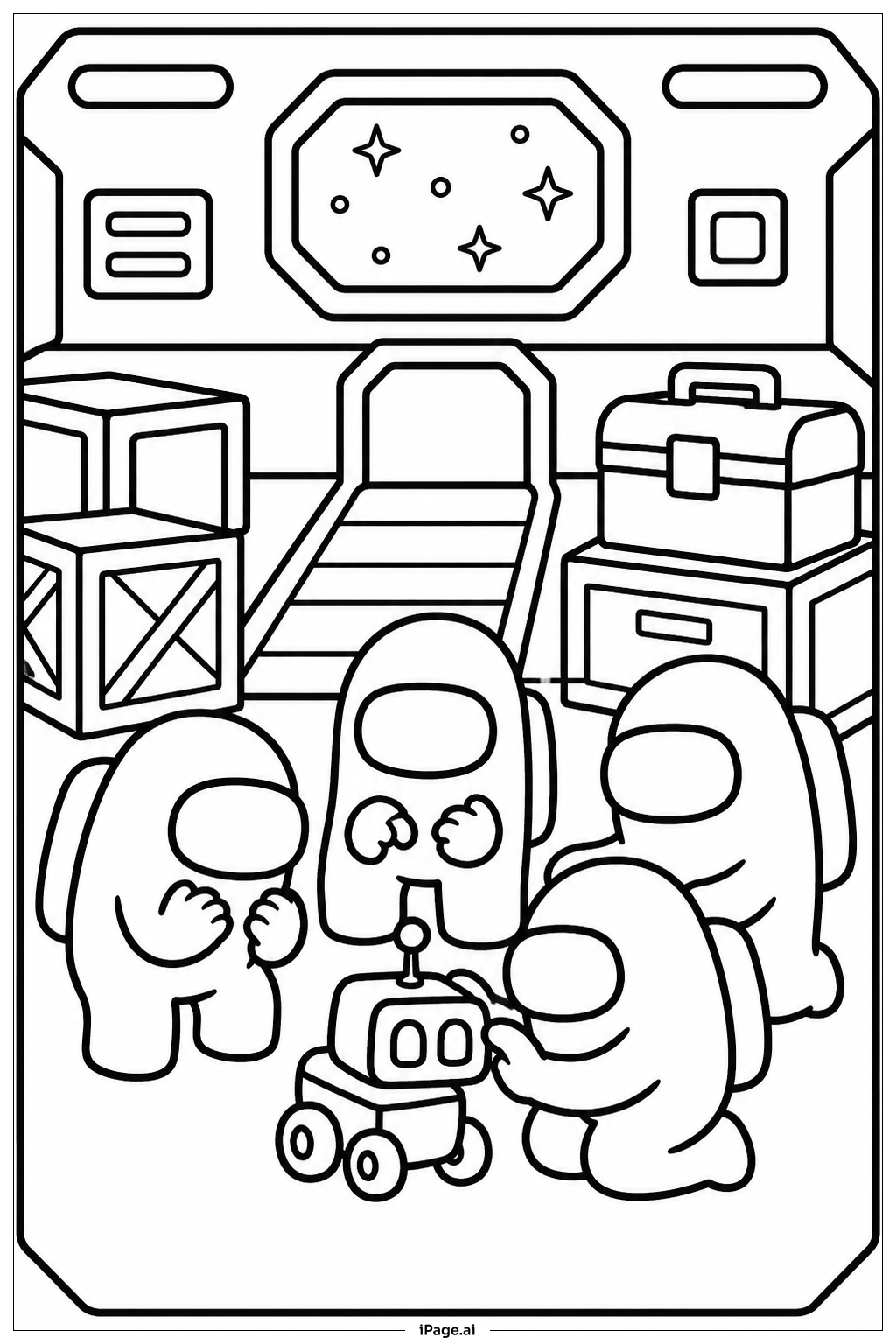 Among Us Crew Rescuing Pet Robot Coloring Page
