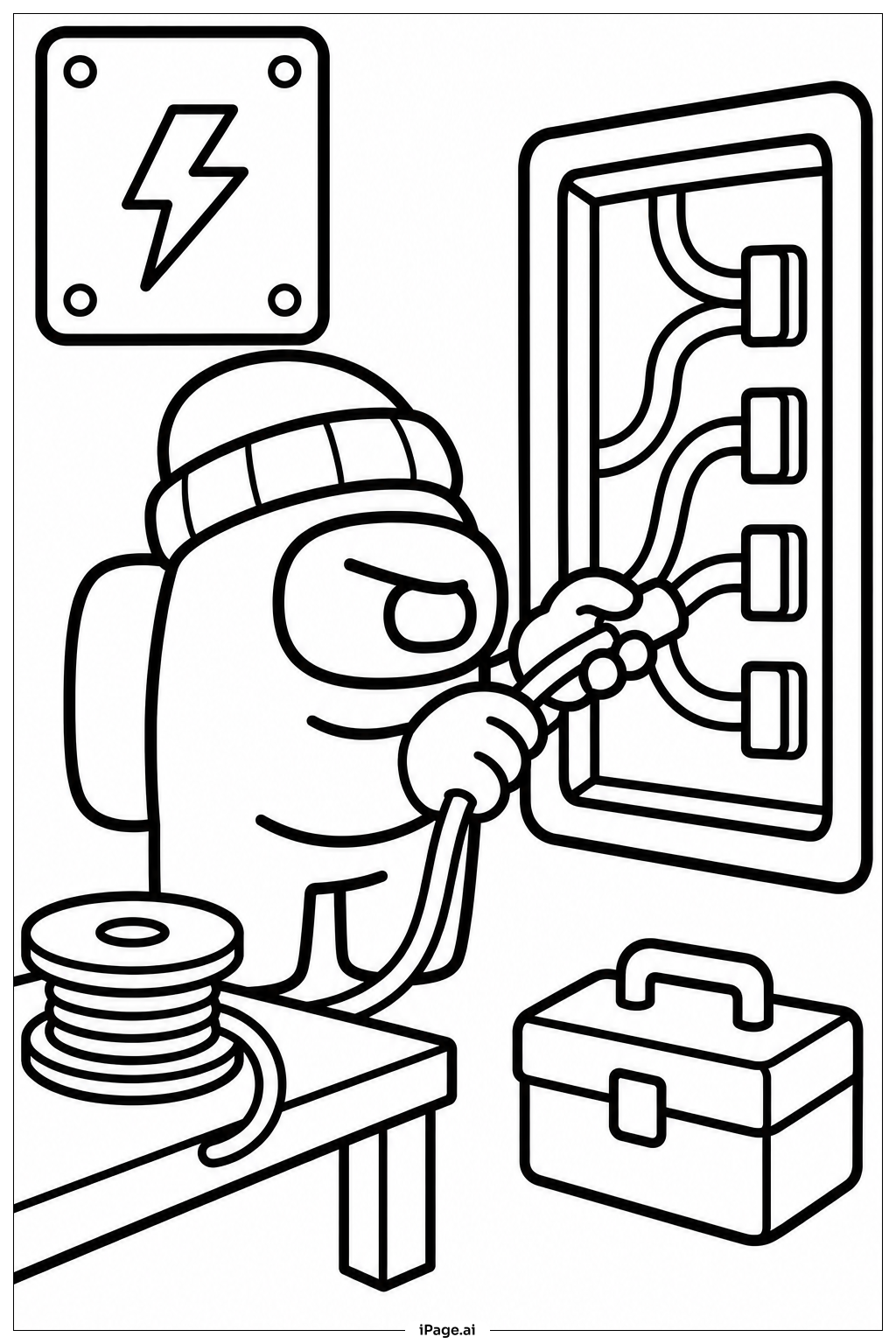 Página para colorear de Among Us haciendo la tarea de cables