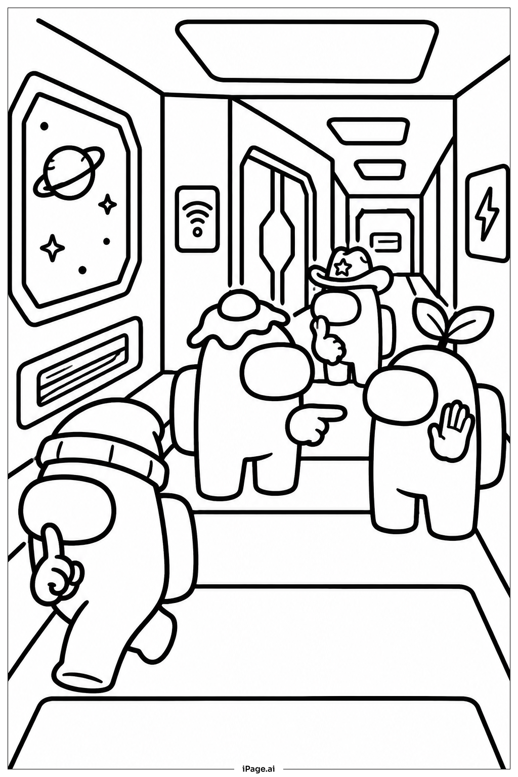 Among Us インポスターがクルーの前をこっそり通り抜けるの塗り絵ページ