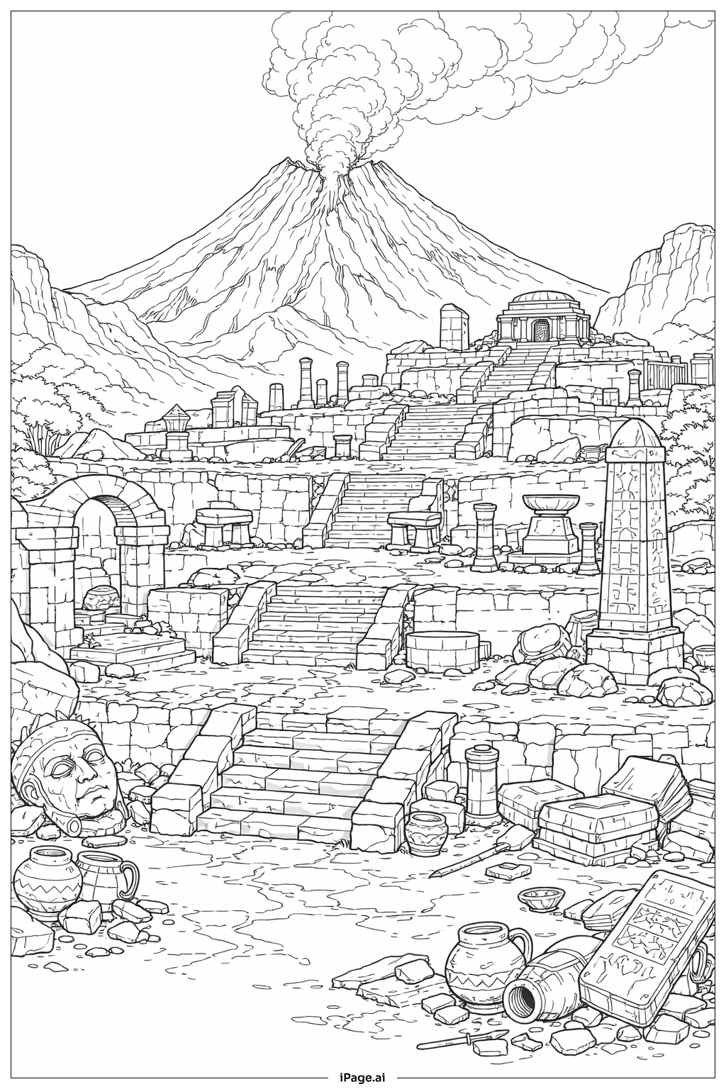  고대 화산 유적 색칠공부 페이지 