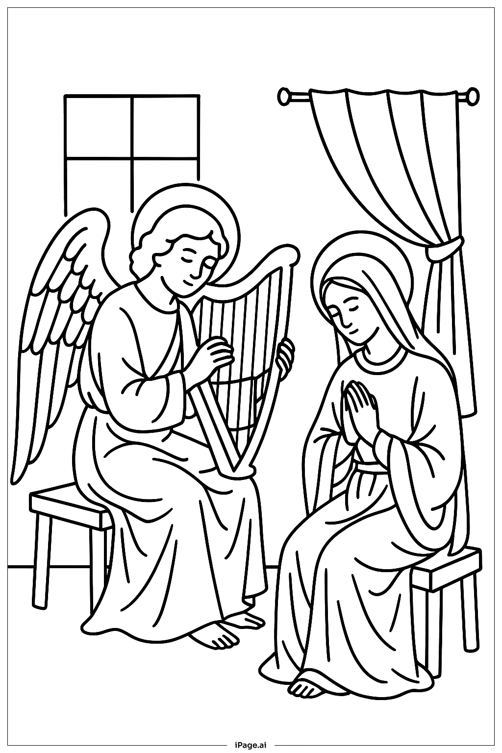 Annunciation Angel With Harp Coloring Page