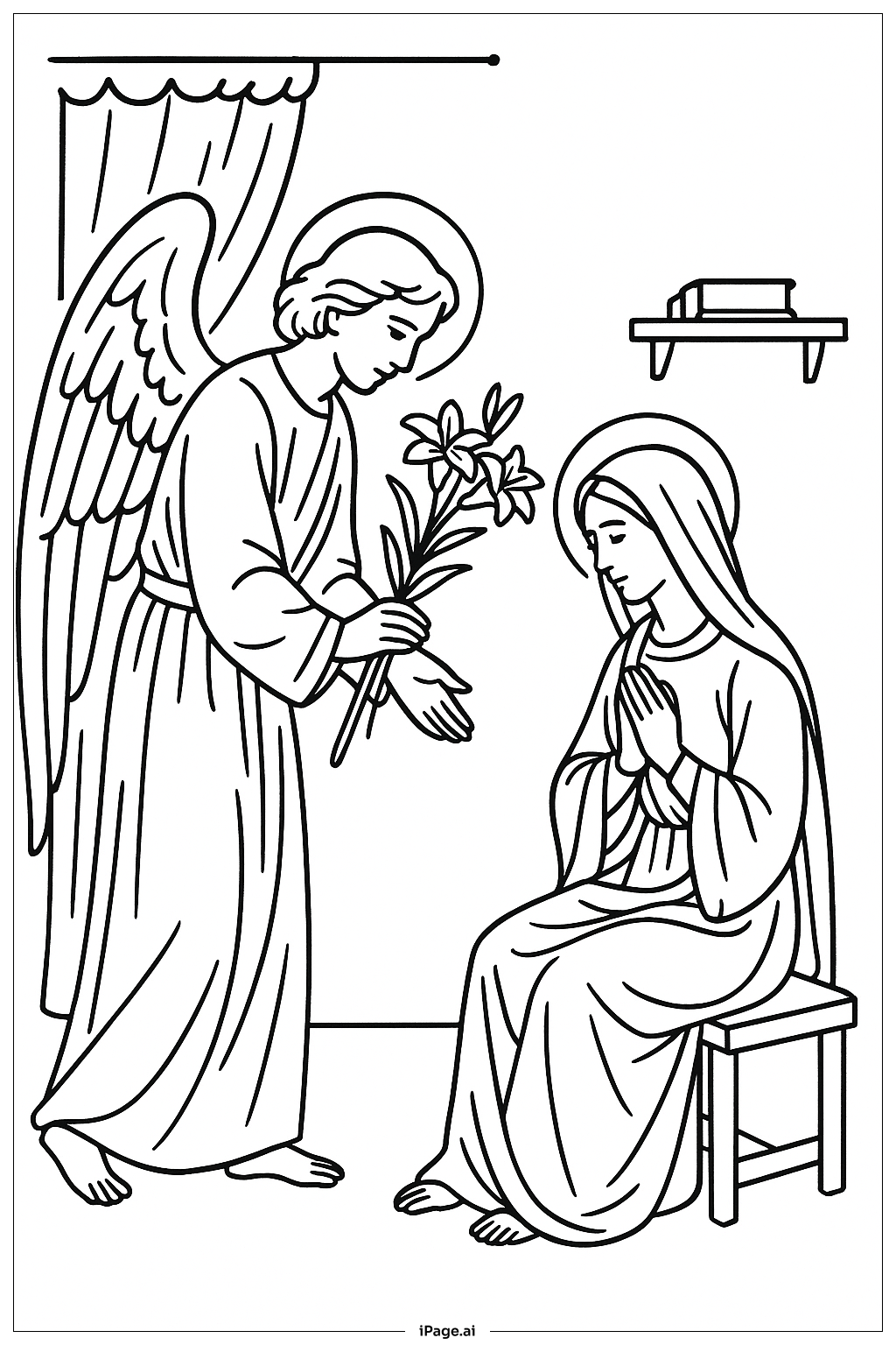 Annunciation Angel With Lily Bouquet Coloring Page