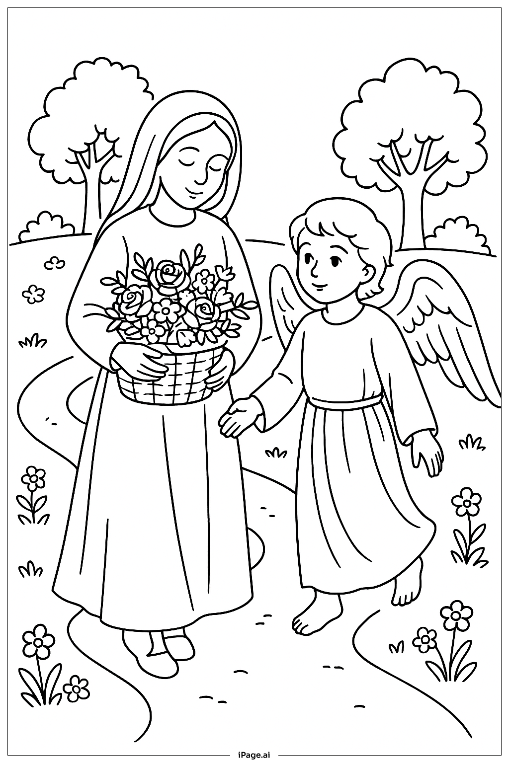 Annunciation Mary With Basket Flowers Coloring Page