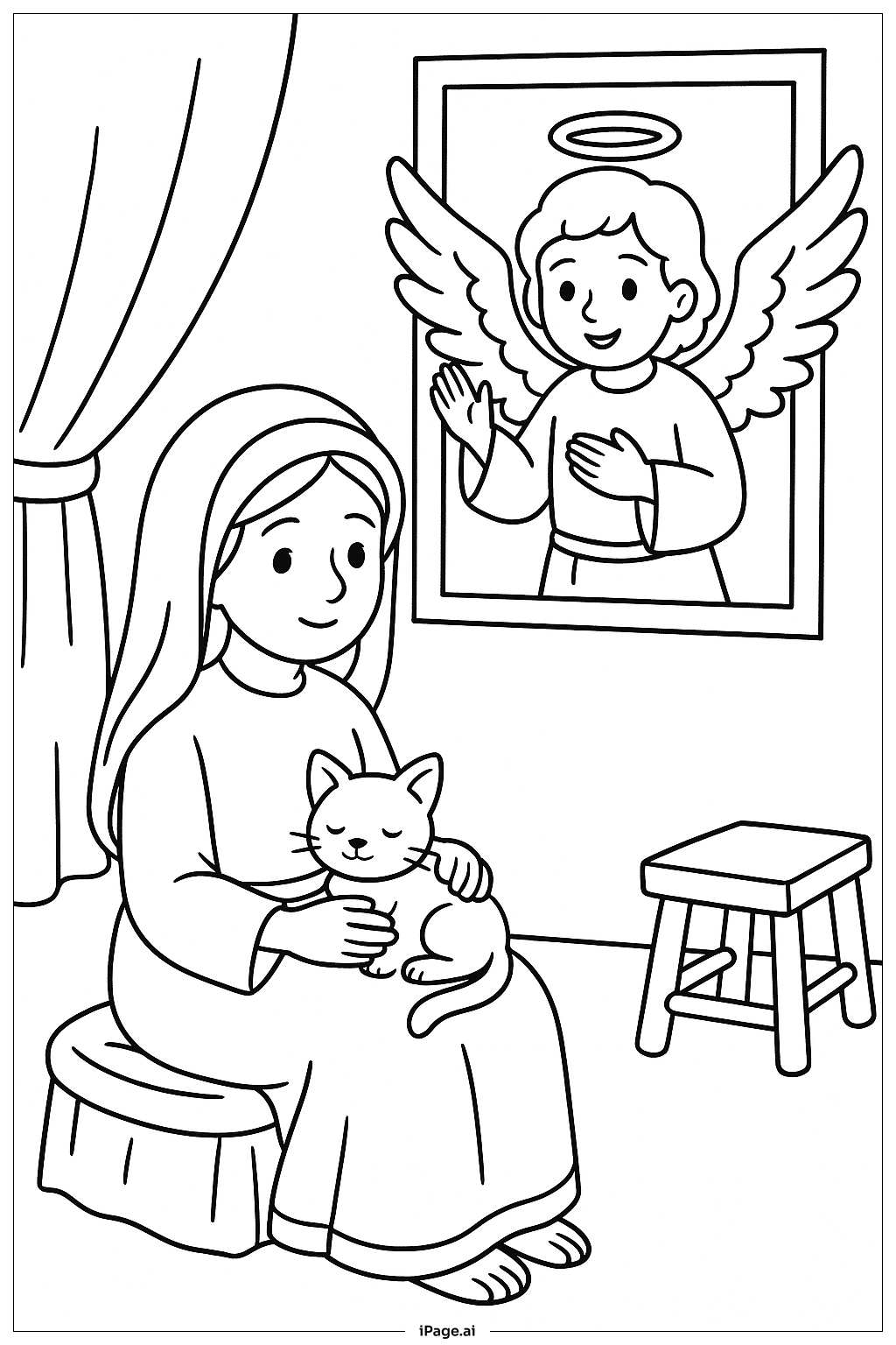 Annunciation Mary With Cat Coloring Page