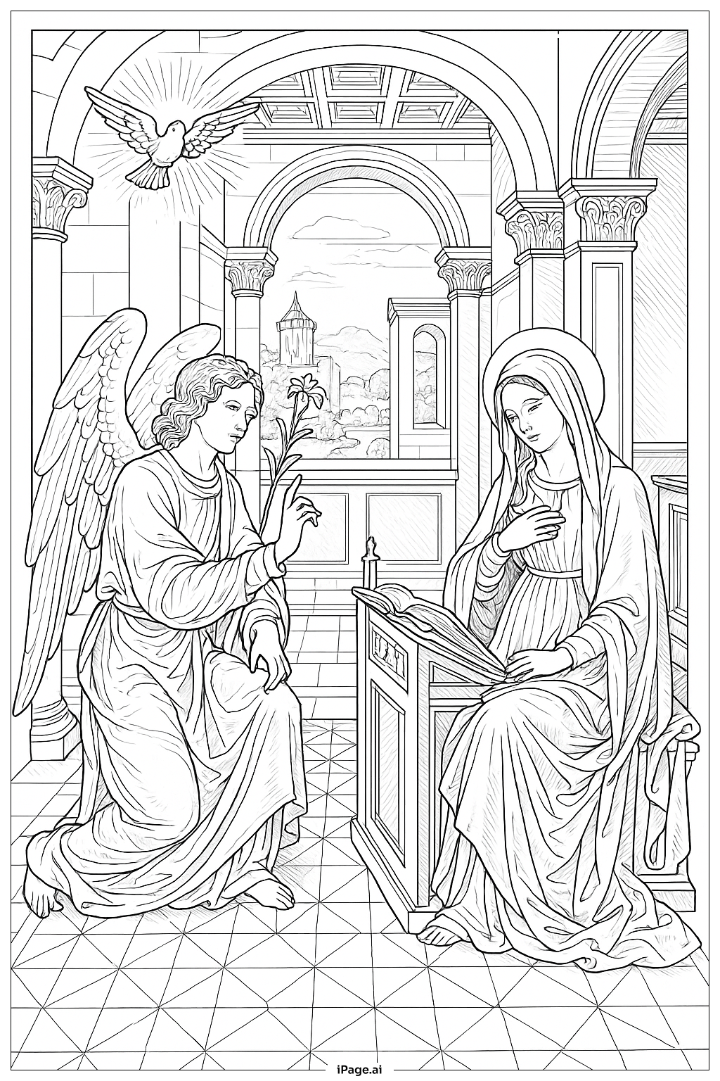 Annunciation Renaissance Style Interior Coloring Page