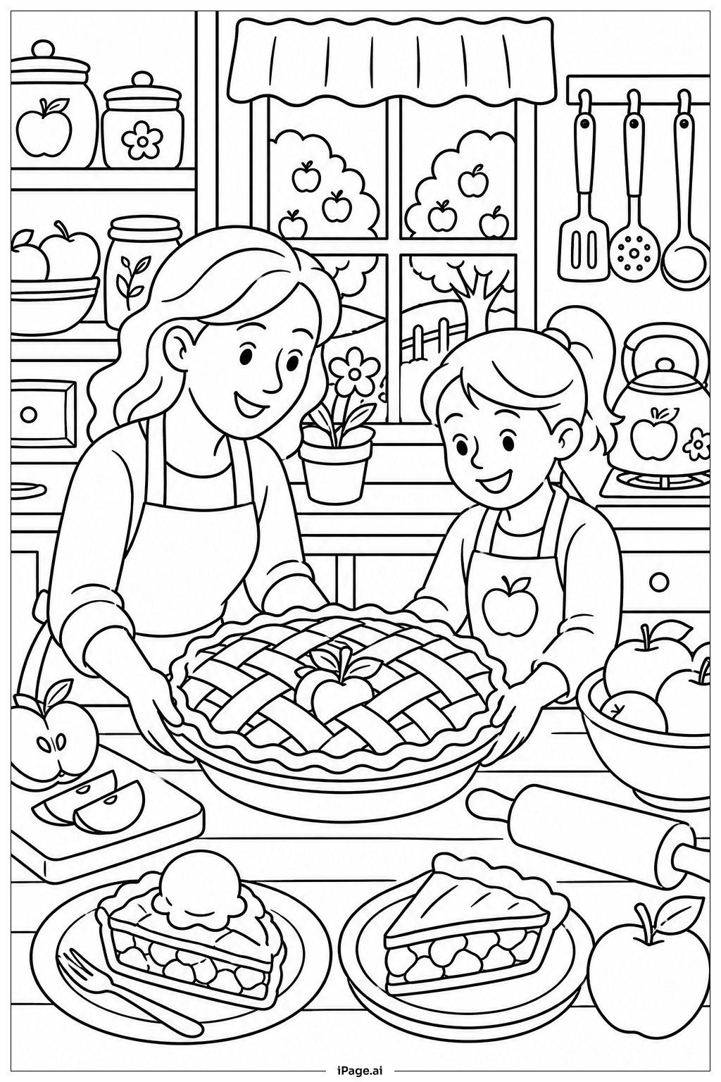 Página para colorir de Cena da Cozinha com Torta de Maçã