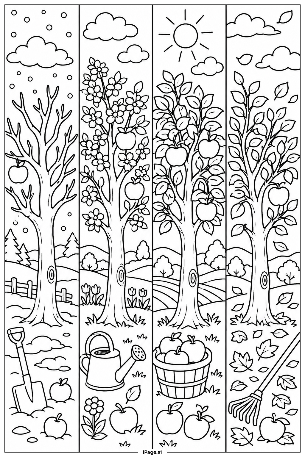 Apple Tree In Four Seasons Coloring Page