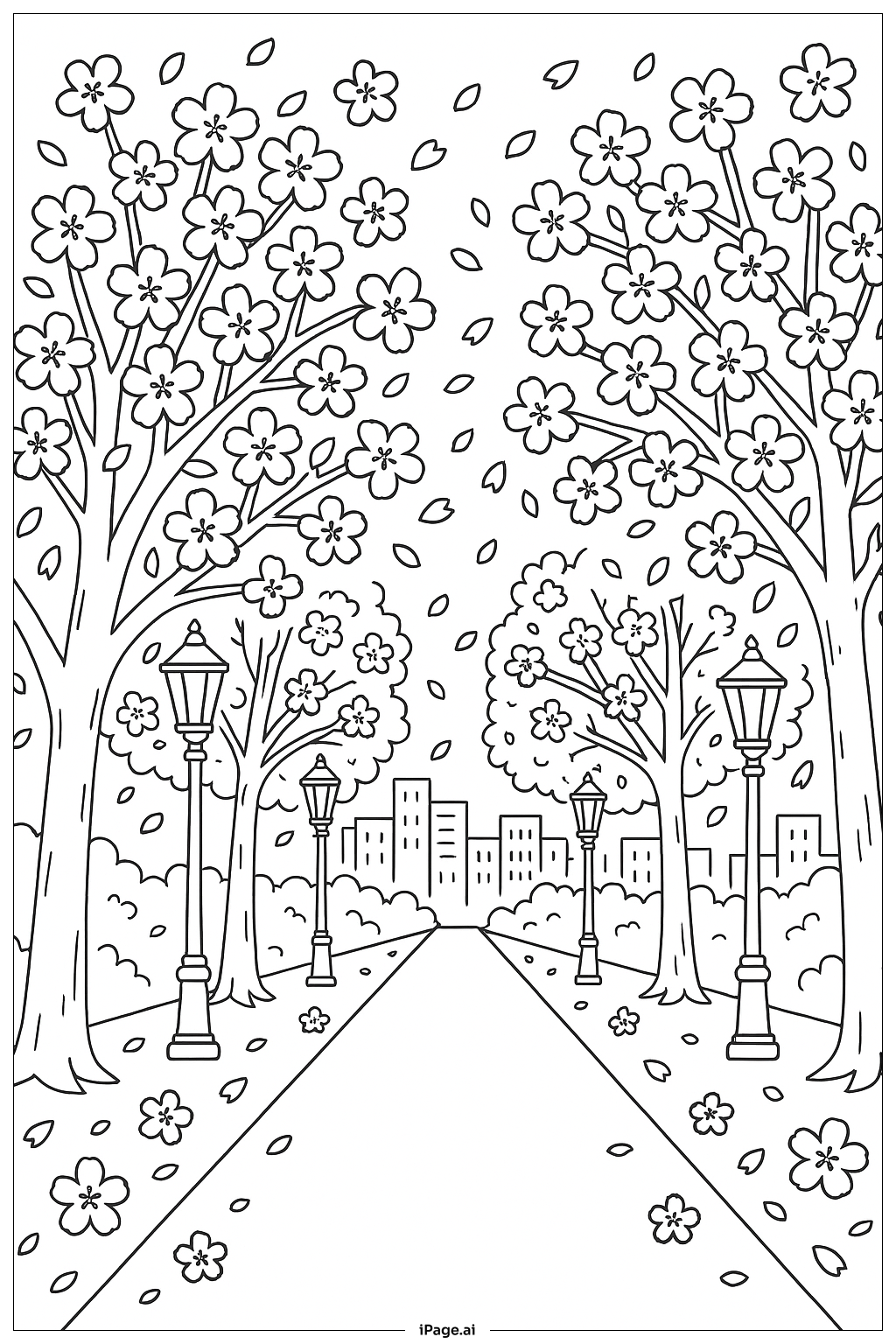 April Cherry Blossom Lane With Lamps Coloring Page