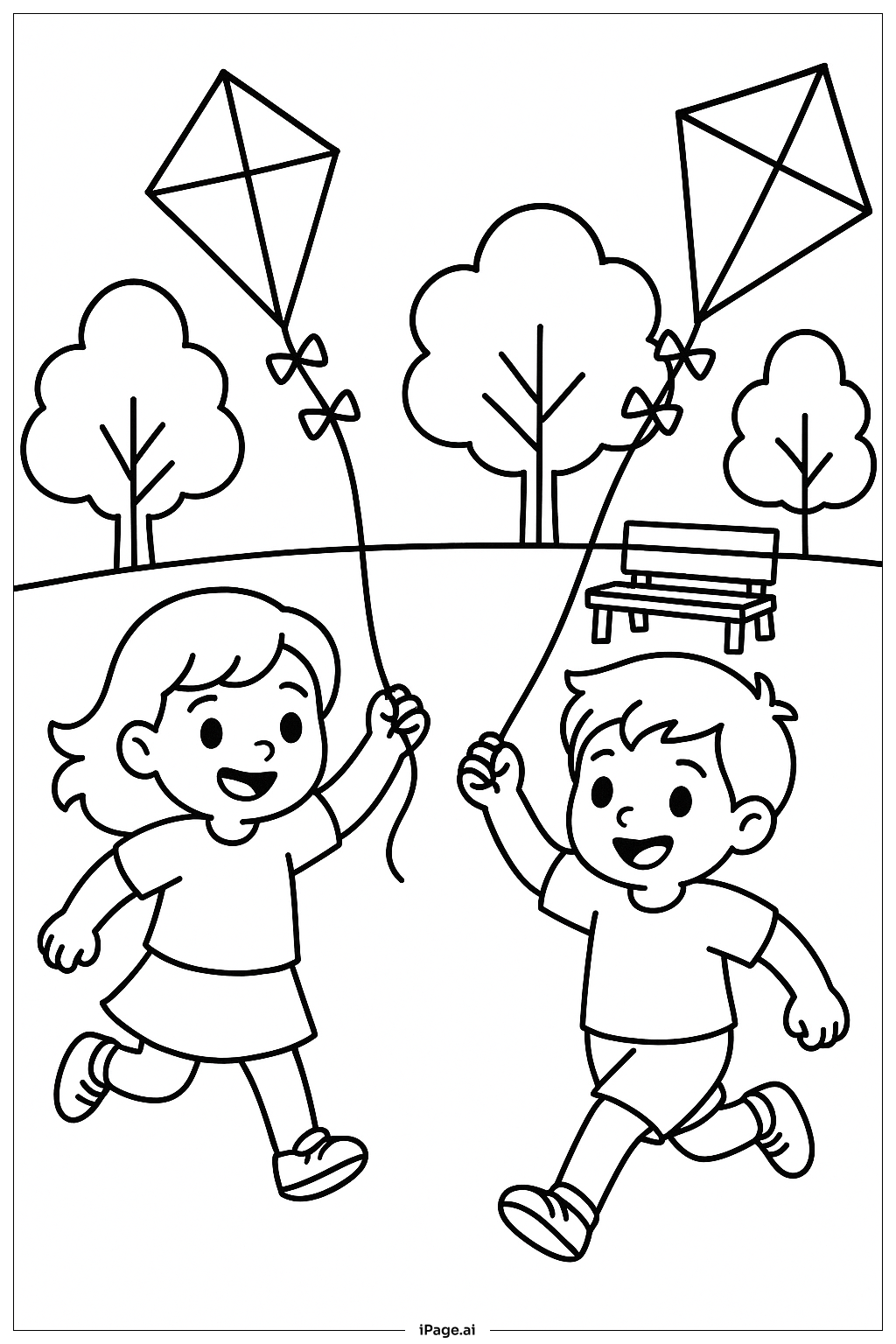 April Children Flying Kites Coloring Page