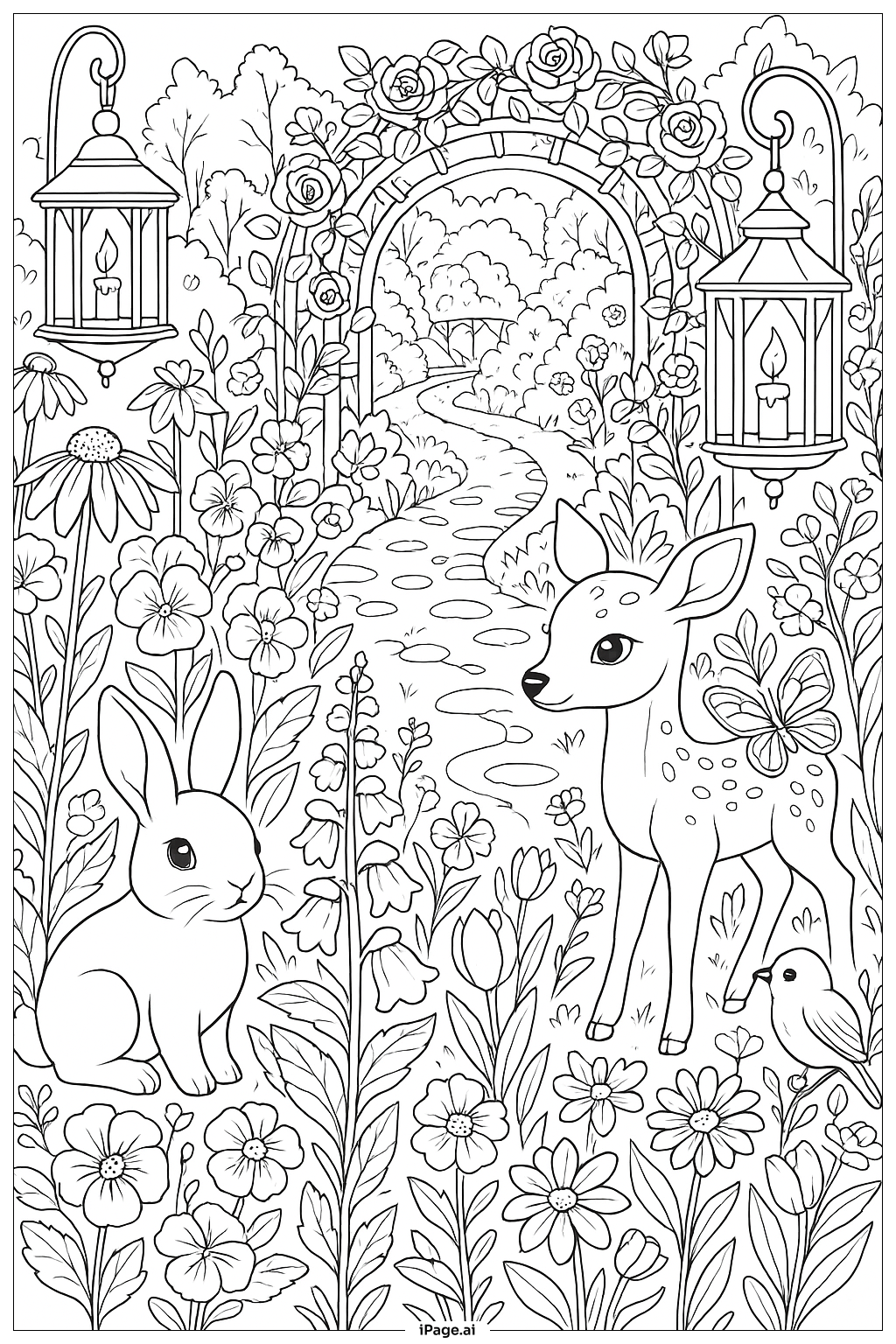 April Enchanted Spring Garden Scene Coloring Page