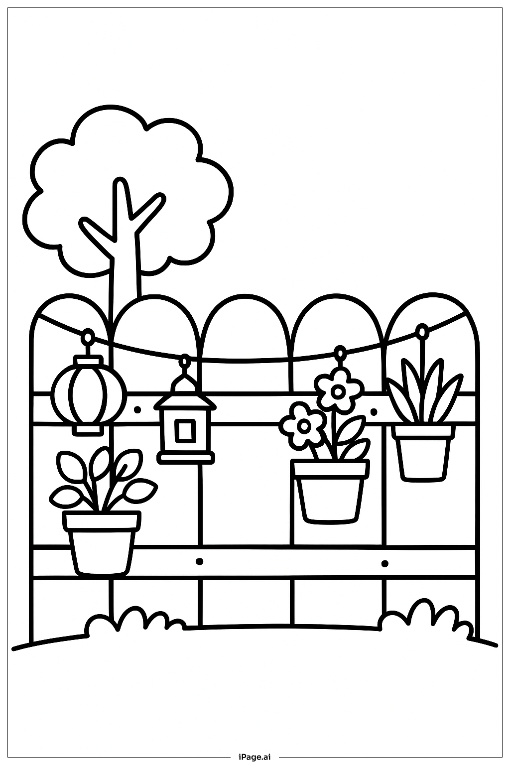 April Garden Fence With Lanterns Coloring Page
